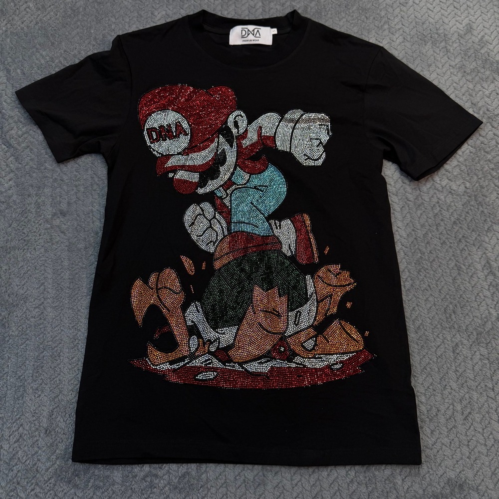 DNA Premium Wear Mario Rhinestone Graphic T-Shirt Men Small Black Cotton Spandex